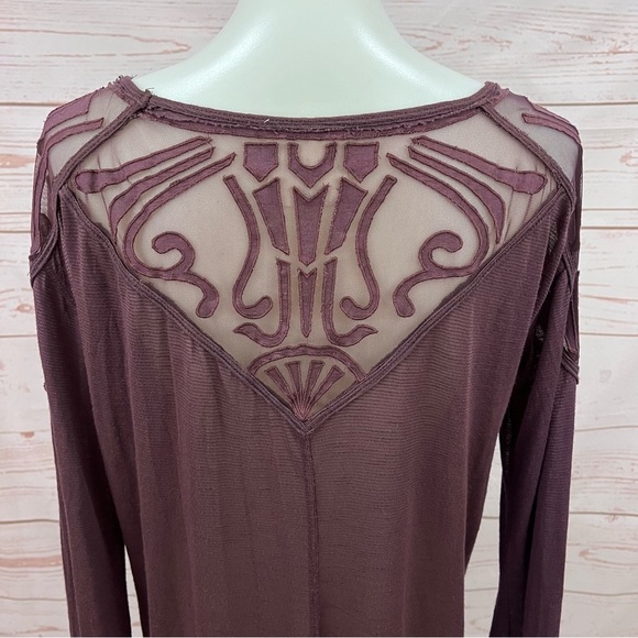 Free People The Gatsby Embroidered Mesh Wine Long Sleeve V-Neck Tee Tunic Top - Picture 10 of 14